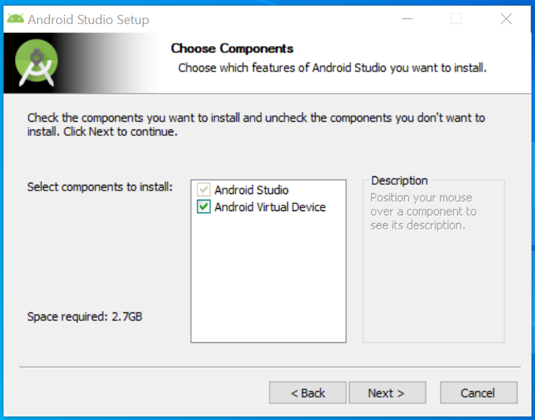 Select android virtual device in install
