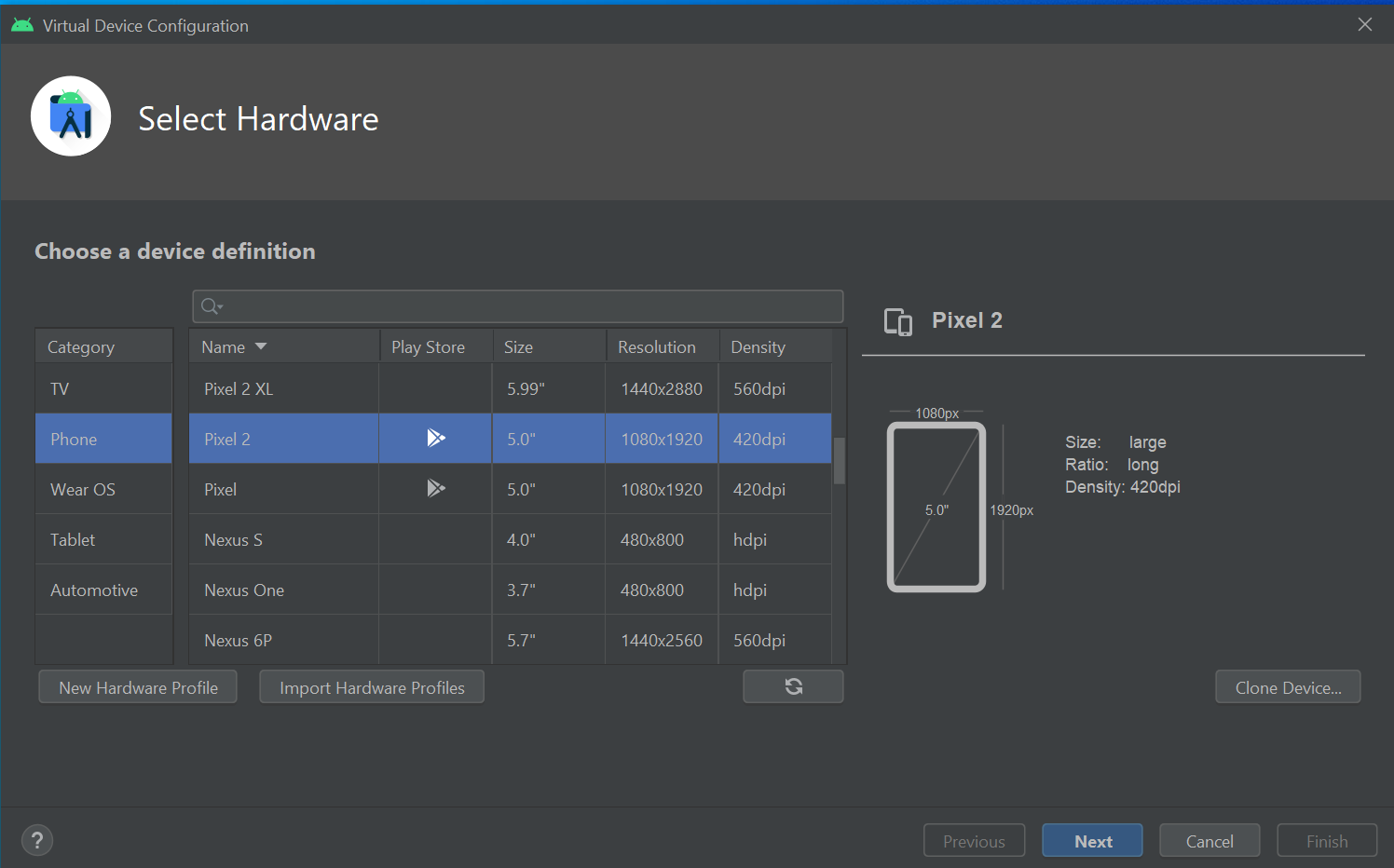 Select Phone type in virtual device config