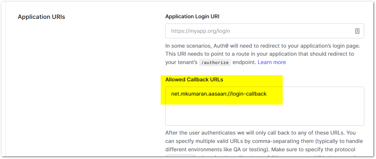 auth0 screen with callback urls
