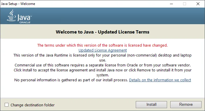 JRE installation window