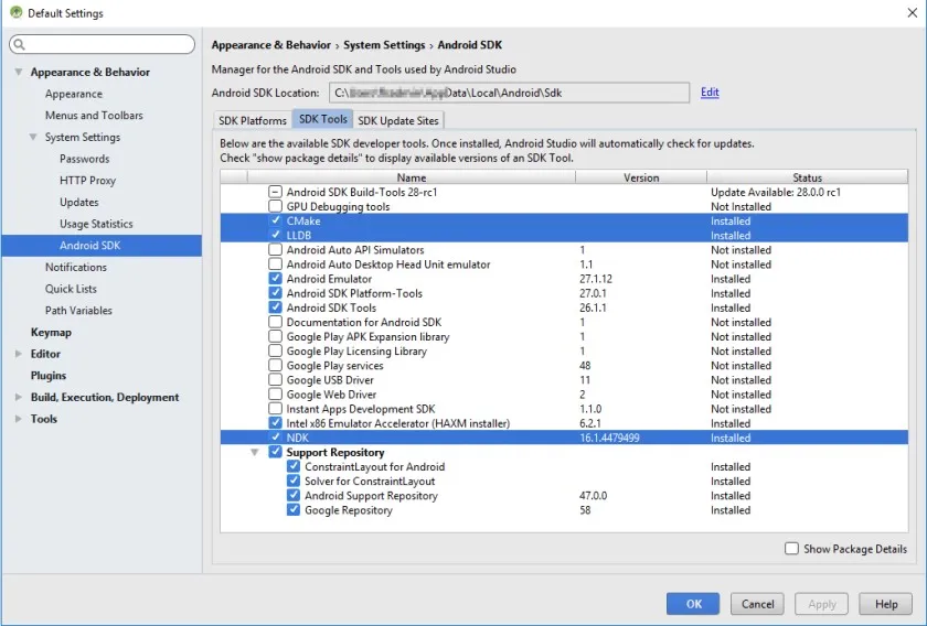 select CMake, LLDB and NDK –> Apply –> OK