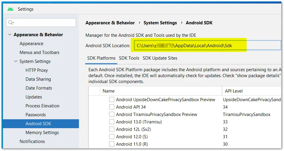 android sdk settings screen