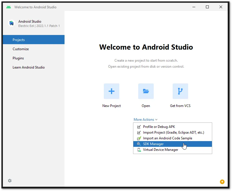 android studio welcome screen