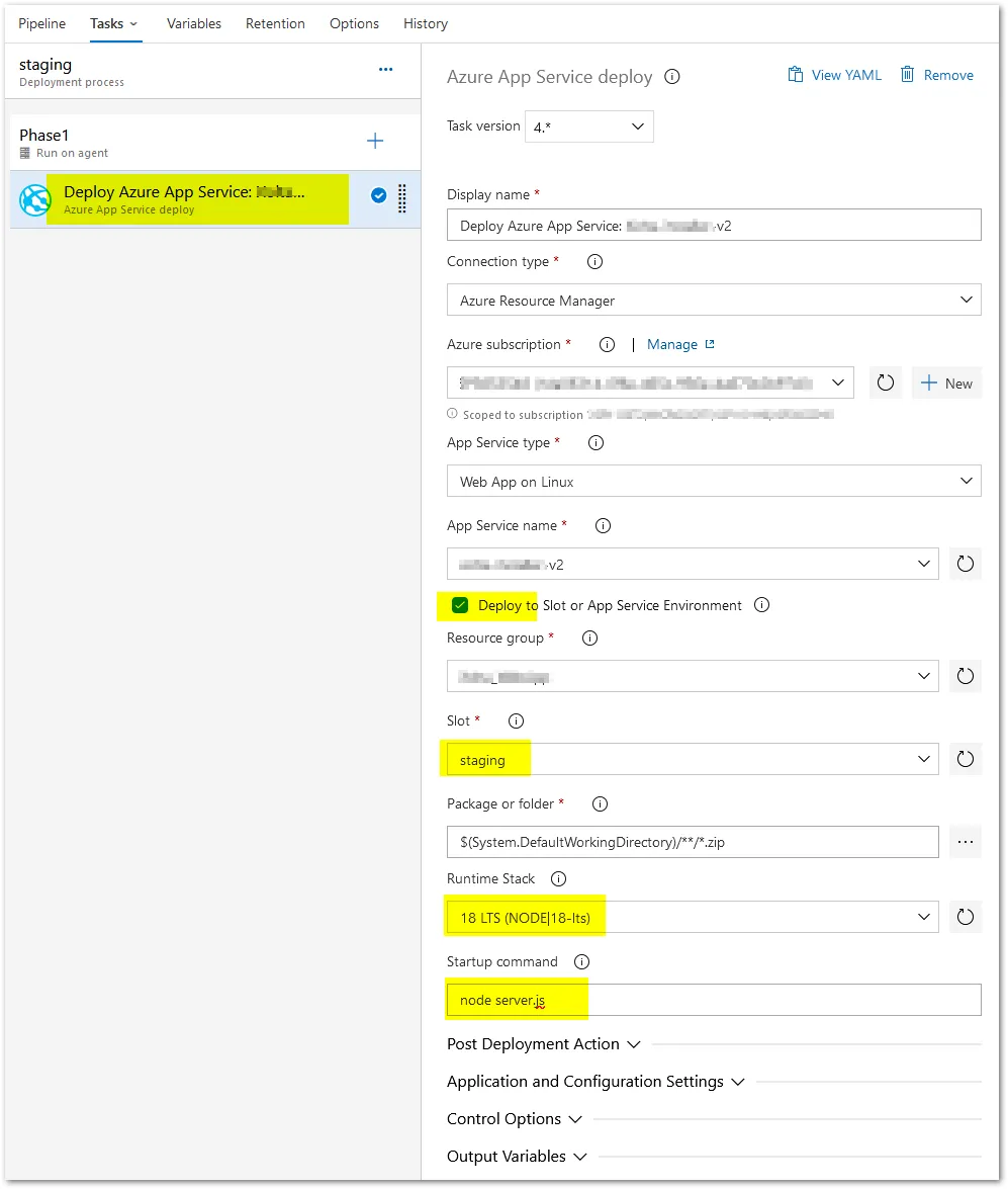App service deployment setttings