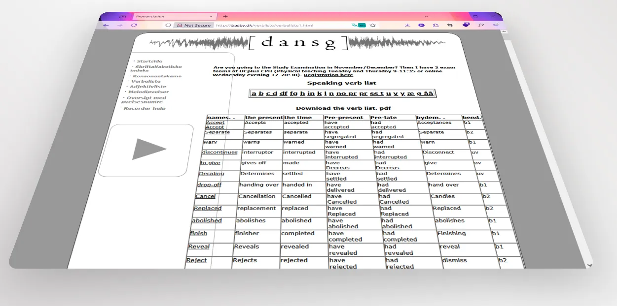 Basby website&#x27;s verb list