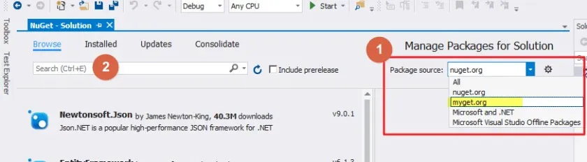 Change source and package for myget