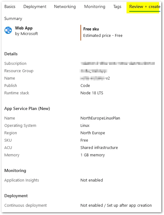 Final step to create app service