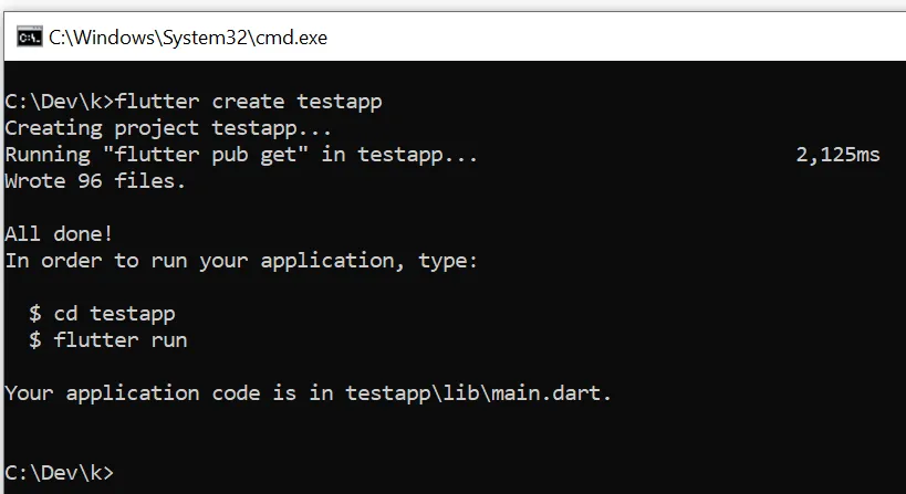 flutter create app command
