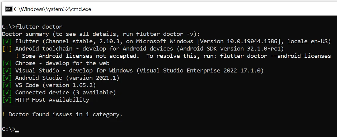 flutter doctor after Command line tools installed