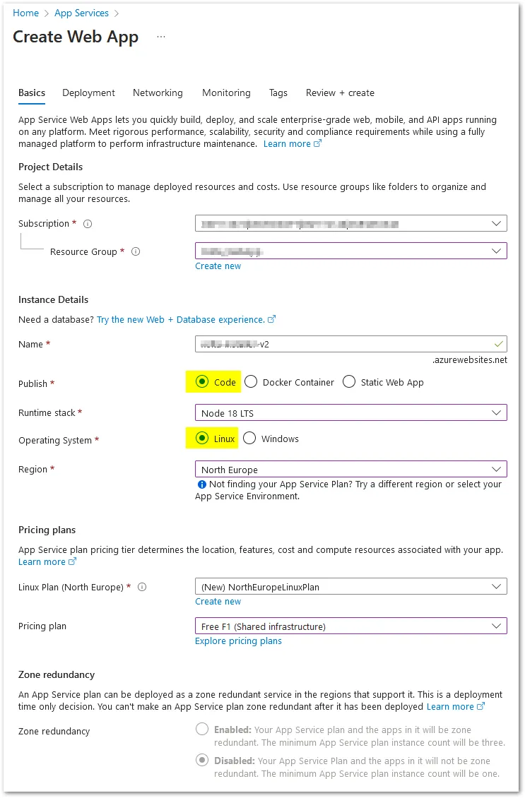 Create new app service basic tab