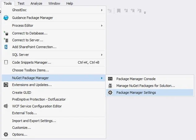 NuGet package manager setting in visual studio menu