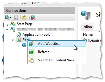 Add website menu in IIS