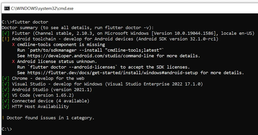flutter doctor command after emulator installed