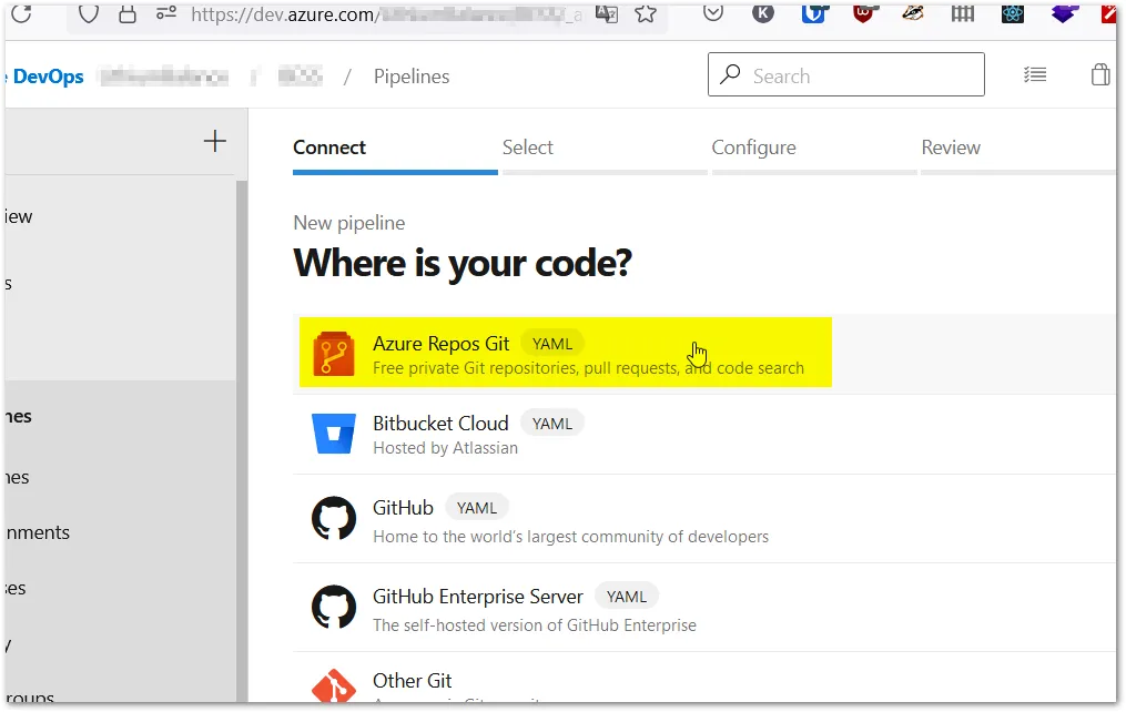Select Azure repos git