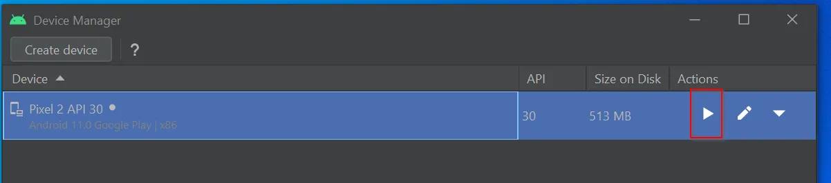 Play button to open the Emulator
