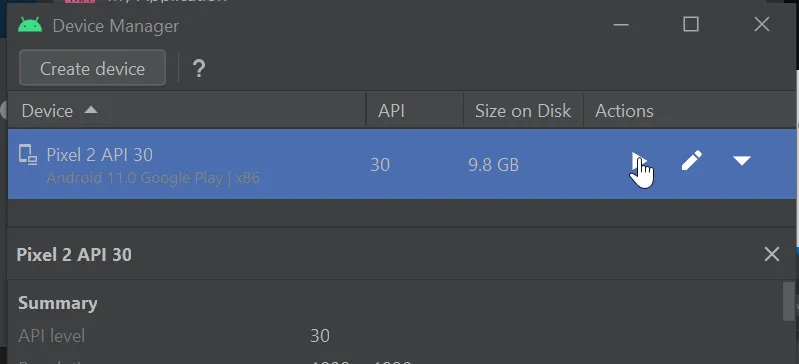 Open emulator from Device manager